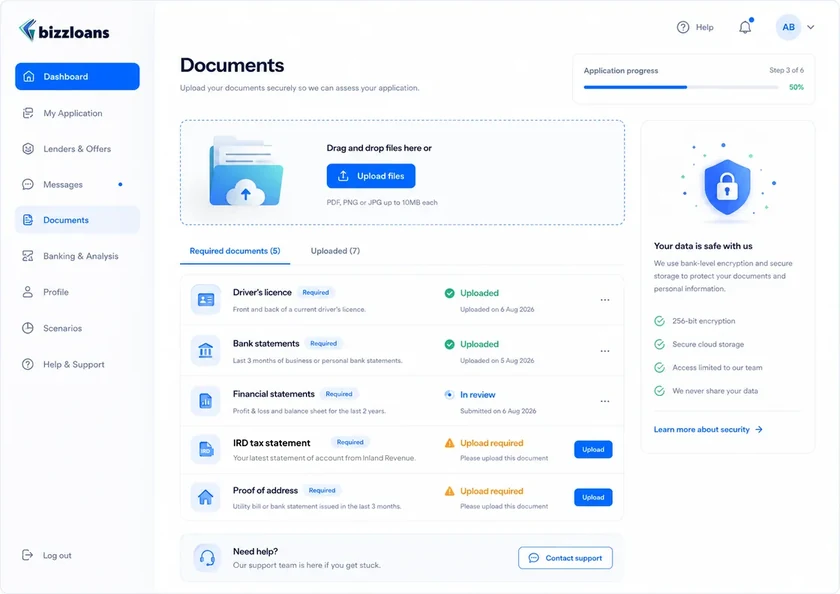 The app's documents view: a drag-and-drop upload area and a checklist of required documents with their status.