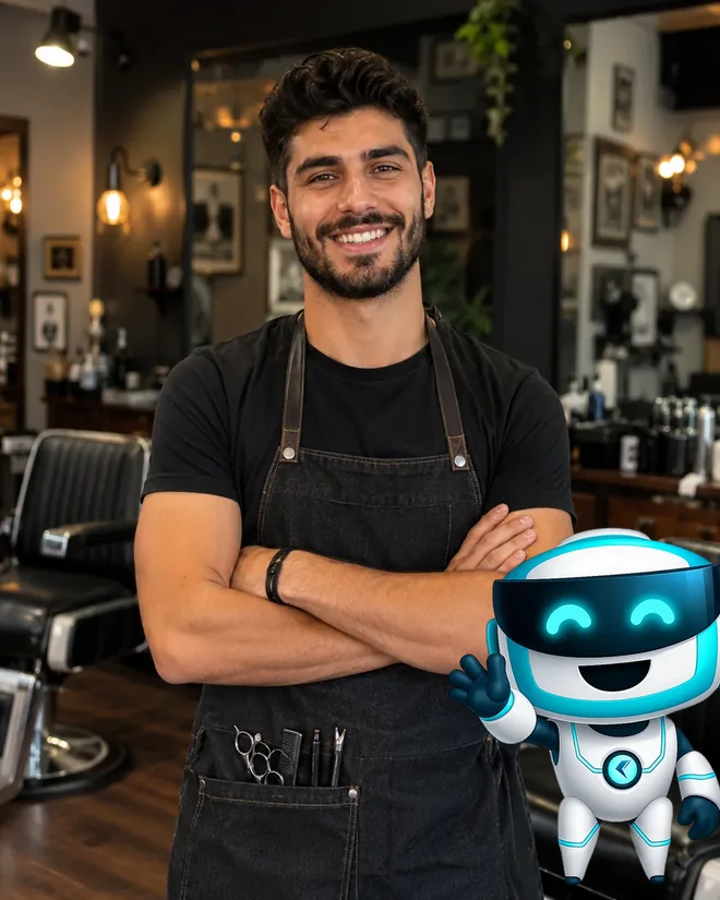 A barber in his shop with Bizbot waving